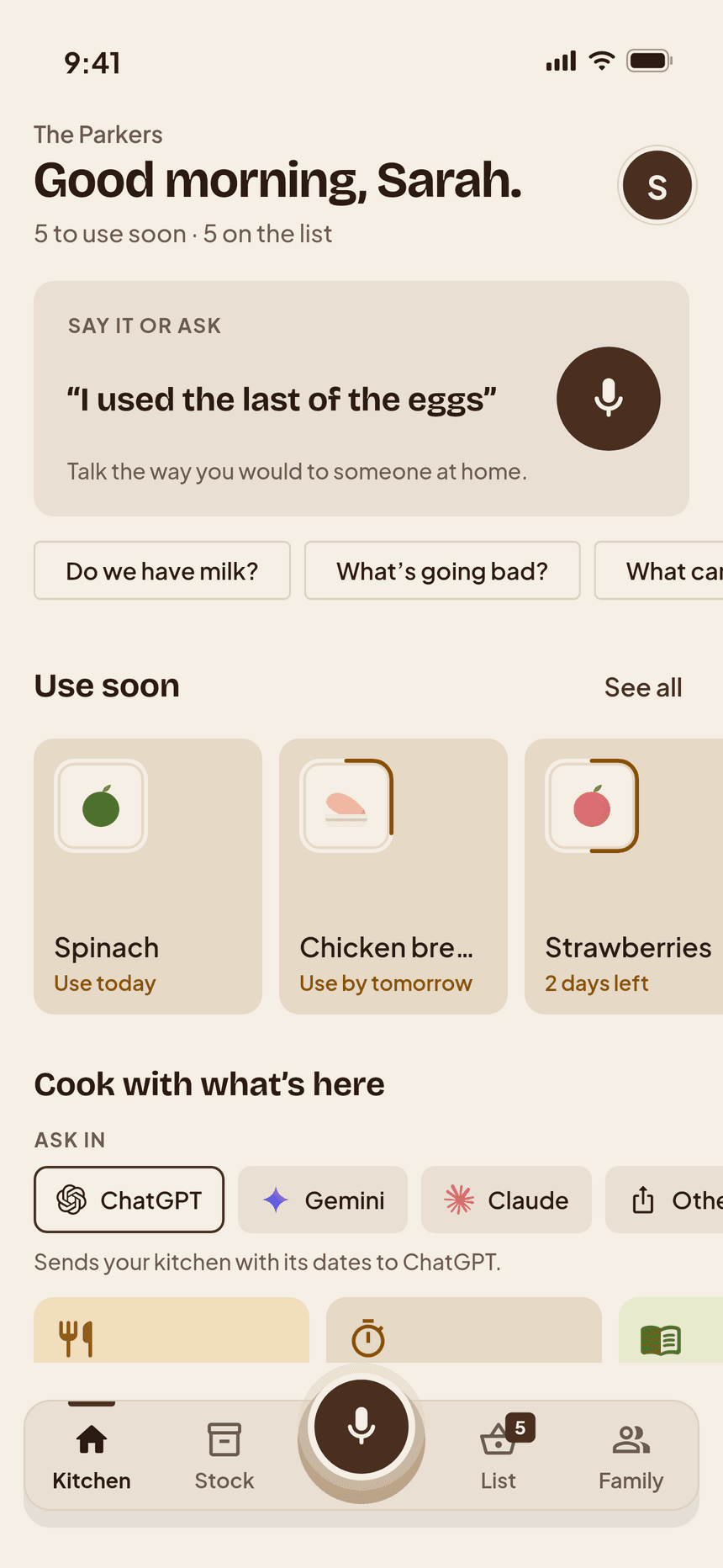 The Kitchen screen: what to use soon, and what's at home.