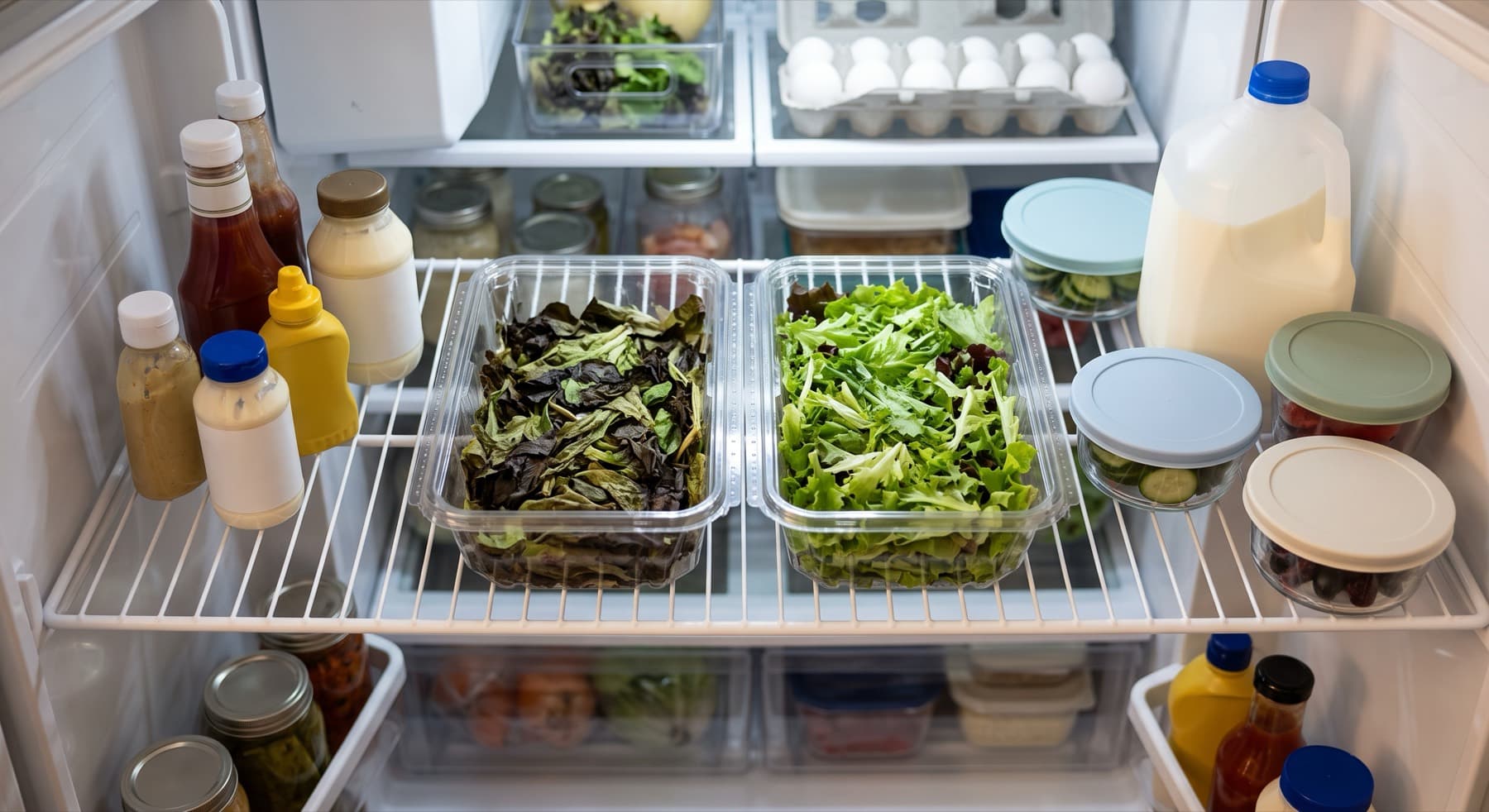 Two clear boxes of salad leaves side by side on a fridge shelf, the left one wilted and browning, the right one fresh