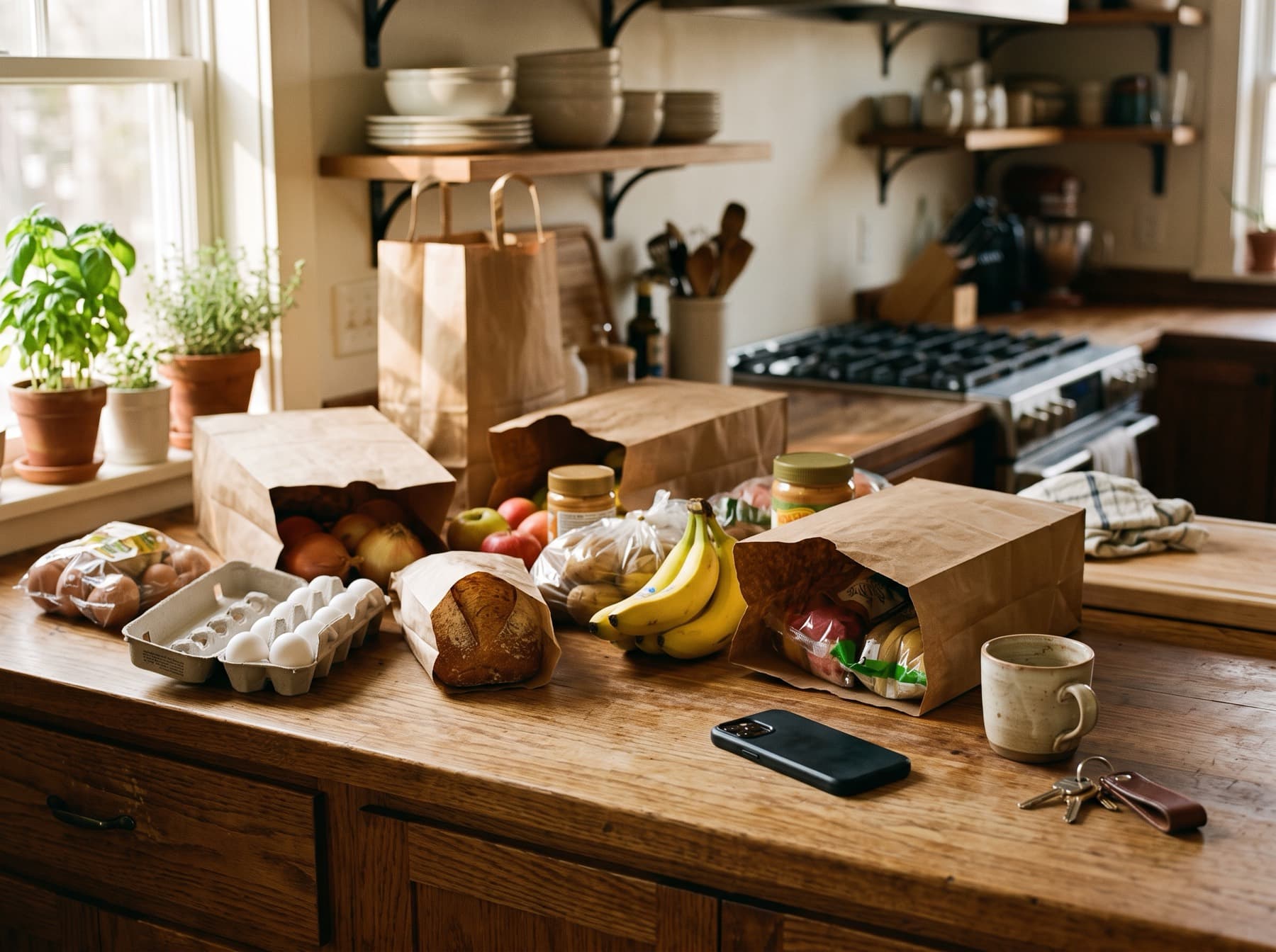 Groceries half unpacked from paper bags on a wooden kitchen counter in late afternoon light, a phone lying face down beside them